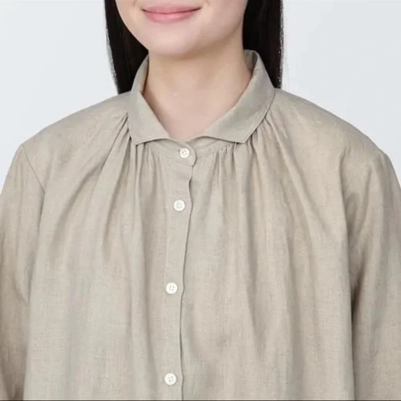 MUJI Linen Washed Long Sleeve Shirt Dress Natural Color L Minimalist Sustainable - Picture 2 of 9
